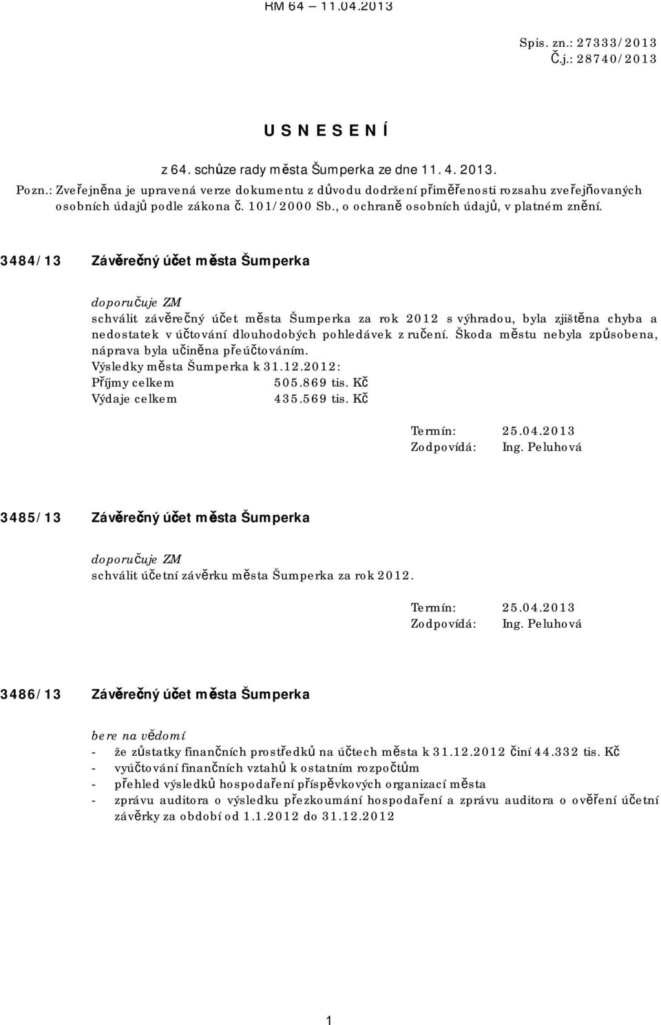 3484/13 Závěrečný účet města Šumperka doporučuje ZM schválit závěrečný účet města Šumperka za rok 2012 s výhradou, byla zjištěna chyba a nedostatek v účtování dlouhodobých pohledávek z ručení.