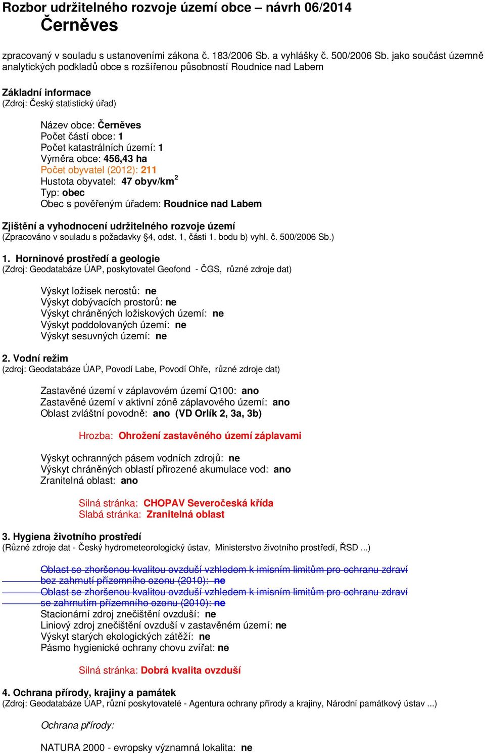 katastrálních území: 1 Výměra obce: 456,43 ha Počet obyvatel (2012): 211 Hustota obyvatel: 47 obyv/km 2 Typ: obec Obec s pověřeným úřadem: Roudnice nad Labem Zjištění a vyhodnocení udržitelného