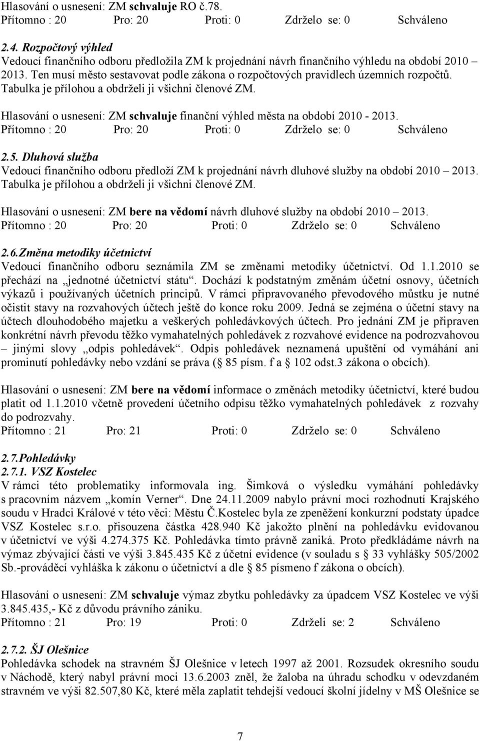 Tabulka je přílohou a obdrželi ji všichni členové ZM. Hlasování o usnesení: ZM schvaluje finanční výhled města na období 2010-2013. Přítomno : 20 Pro: 20 Proti: 0 Zdrželo se: 0 Schváleno 2.5.