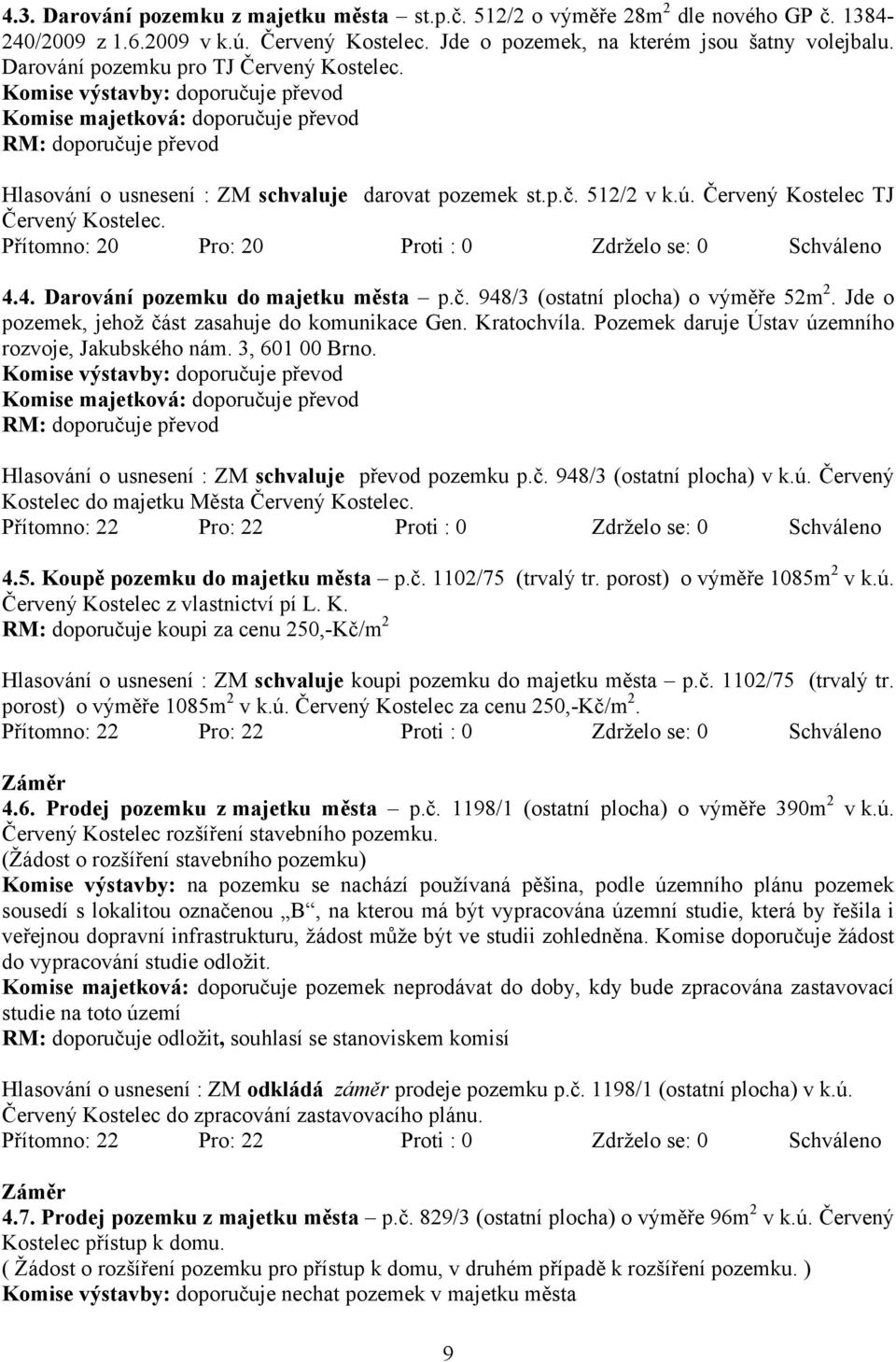 ú. Červený Kostelec TJ Červený Kostelec. Přítomno: 20 Pro: 20 Proti : 0 Zdrželo se: 0 Schváleno 4.4. Darování pozemku do majetku města p.č. 948/3 (ostatní plocha) o výměře 52m 2.