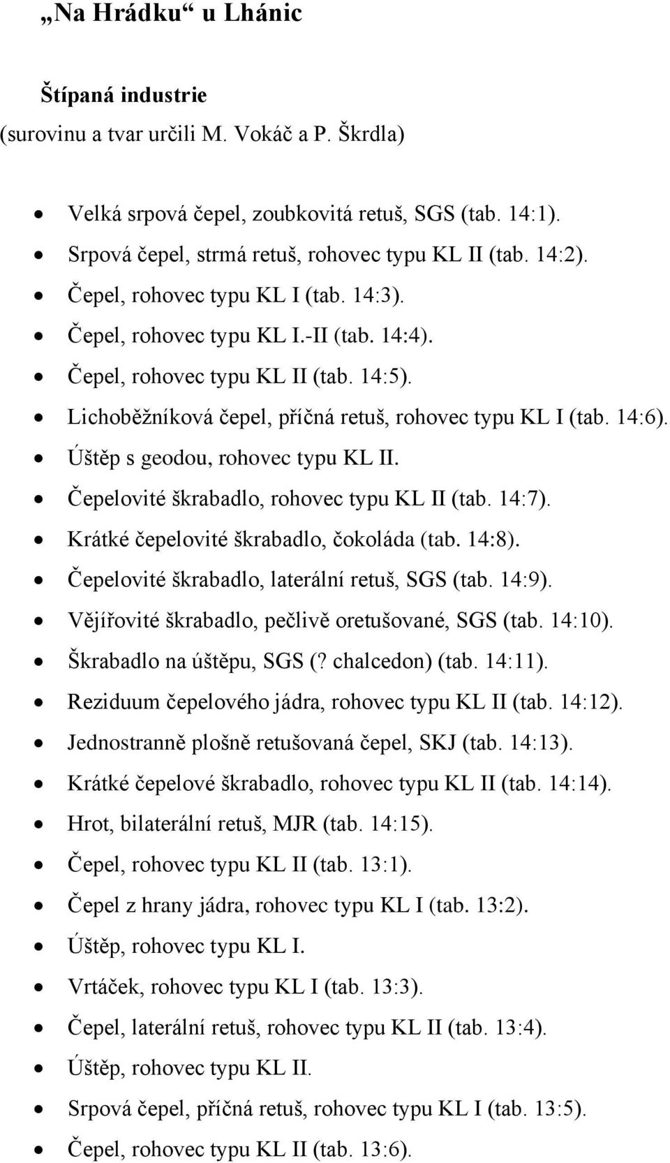 Úštěp s geodou, rohovec typu KL II. Čepelovité škrabadlo, rohovec typu KL II (tab. 14:7). Krátké čepelovité škrabadlo, čokoláda (tab. 14:8). Čepelovité škrabadlo, laterální retuš, SGS (tab. 14:9).