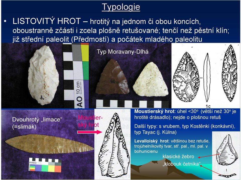 hrot: úhel <30 o (větší než 30 o je hrotité drásadlo); nejde o plošnou retuš Další typy: s vrubem, typ Kostěnki (konkávní), typ Tayac