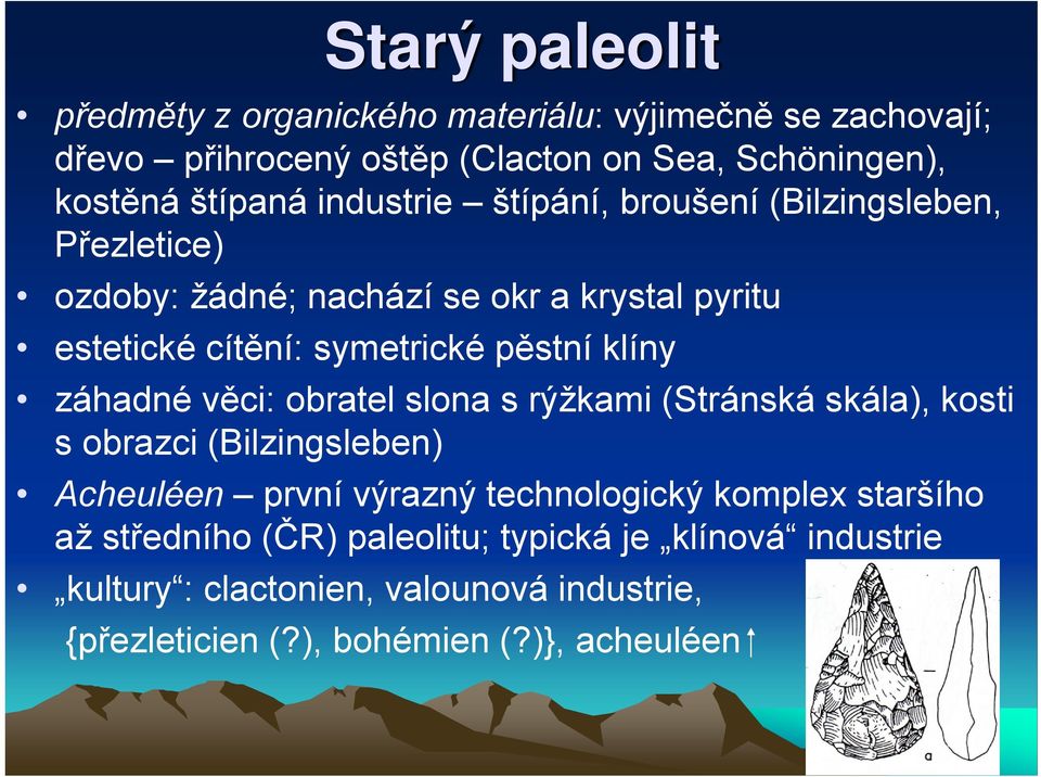 klíny záhadné věci: obratel slona s rýžkami (Stránská skála), kosti s obrazci (Bilzingsleben) Acheuléen první výrazný technologický komplex