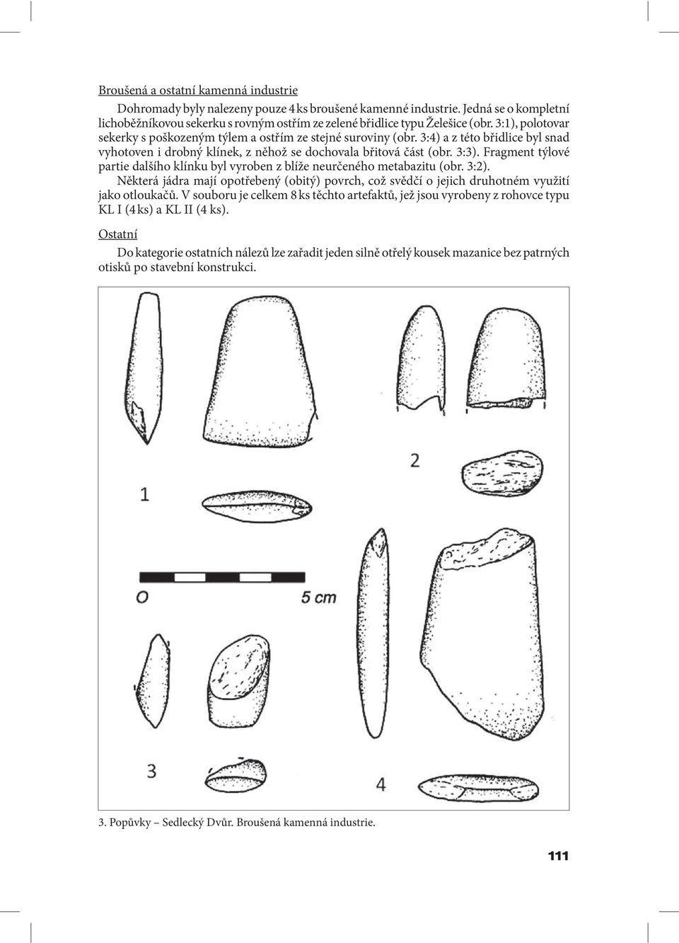 Fragment týlové partie dalšího klínku byl vyroben z blíže neurčeného metabazitu (obr. 3:2). Některá jádra mají opotřebený (obitý) povrch, což svědčí o jejich druhotném využití jako otloukačů.