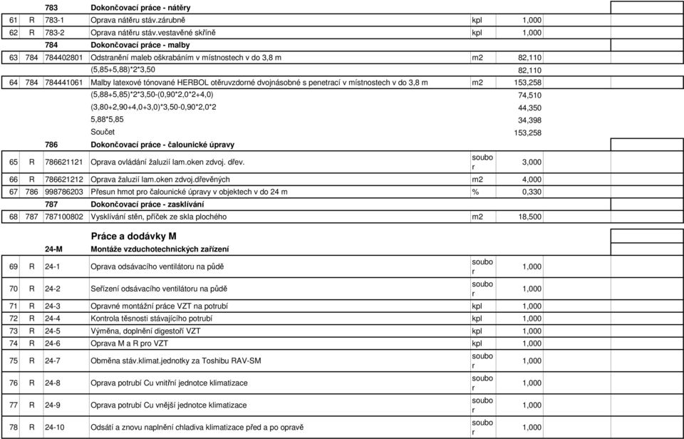 HERBOL otěuvzdoné dvojnásobné s penetací v místnostech v do 3,8 m m2 153,258 (5,88+5,85)*2*3,50-(0,90*2,0*2+4,0) 74,510 (3,80+2,90+4,0+3,0)*3,50-0,90*2,0*2 44,350 Součet 153,258 786 Dokončovací páce