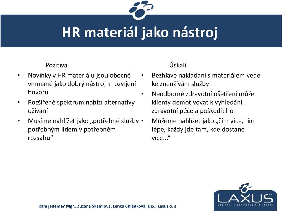 rozsahu Úskalí Bezhlavé nakládání smateriálem vede ke zneužívání služby Neodborné zdravotní ošetření může klienty