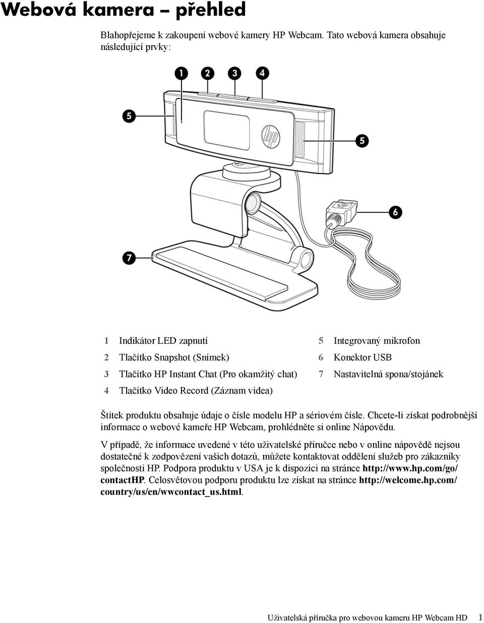 mikrofon 6 Konektor USB 7 Nastavitelná spona/stojánek Štítek produktu obsahuje údaje o čísle modelu HP a sériovém čísle.