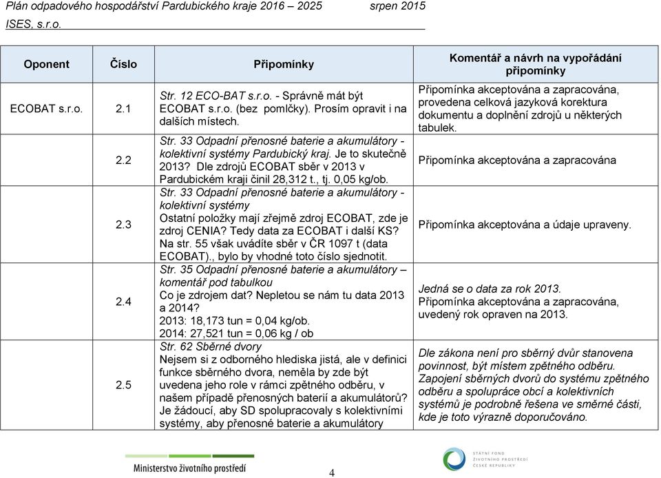 33 Odpadní přenosné baterie a akumulátory - kolektivní systémy Ostatní položky mají zřejmě zdroj ECOBAT, zde je zdroj CENIA? Tedy data za ECOBAT i další KS? Na str.