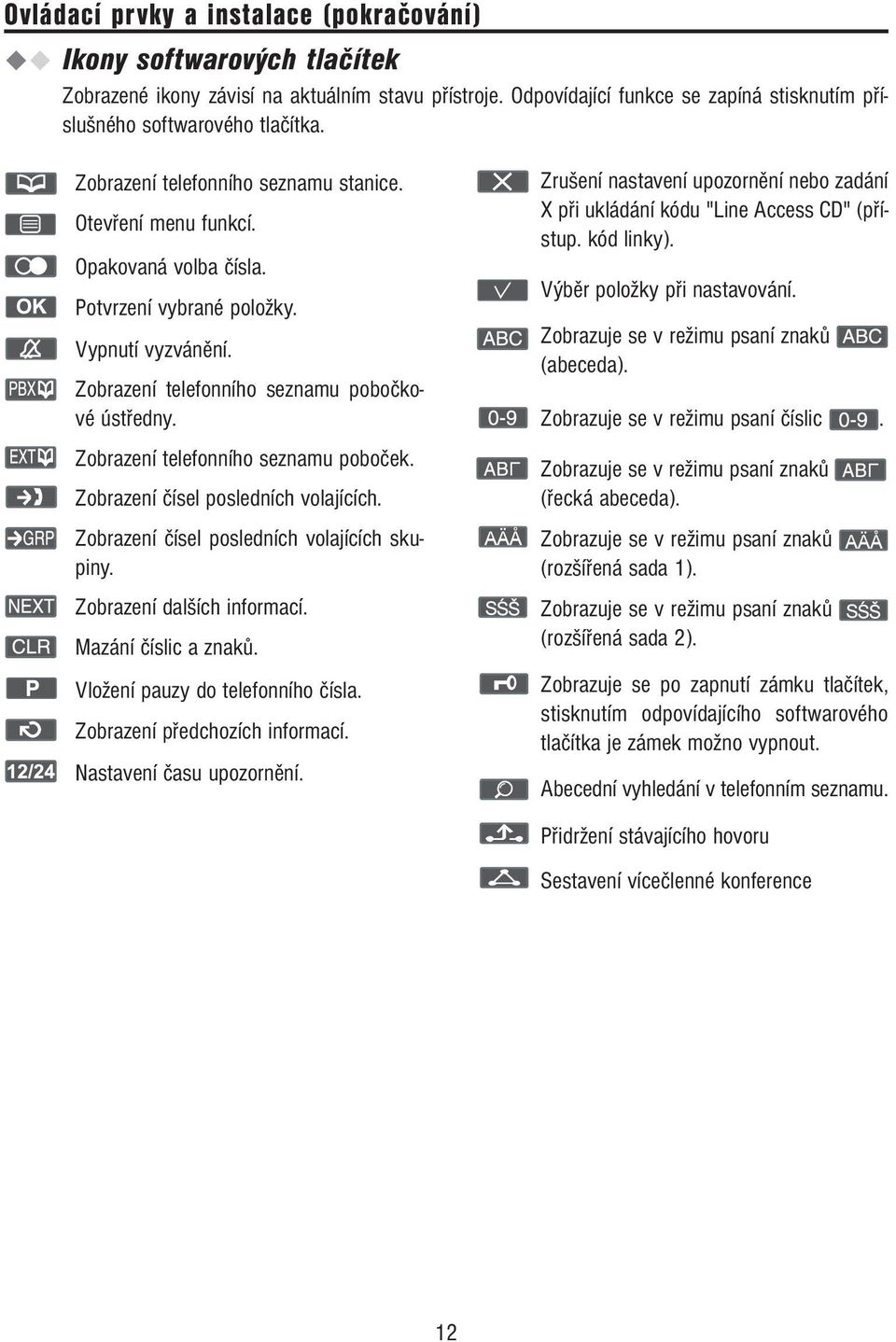 Zobrazení telefonního seznamu poboček. Zobrazení čísel posledních volajících. Zobrazení čísel posledních volajících skupiny. Zobrazení dalších informací. Mazání číslic a znaků.