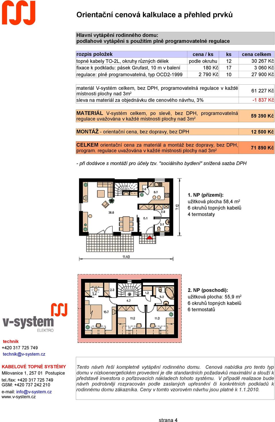 celkem, bez DPH, programovatelná regulace v každé místnosti plochy nad 3m 2 sleva na materiál za objednávku dle cenového návrhu, 3% MATERIÁL V-systém celkem, po slevě, bez DPH, programovatelná