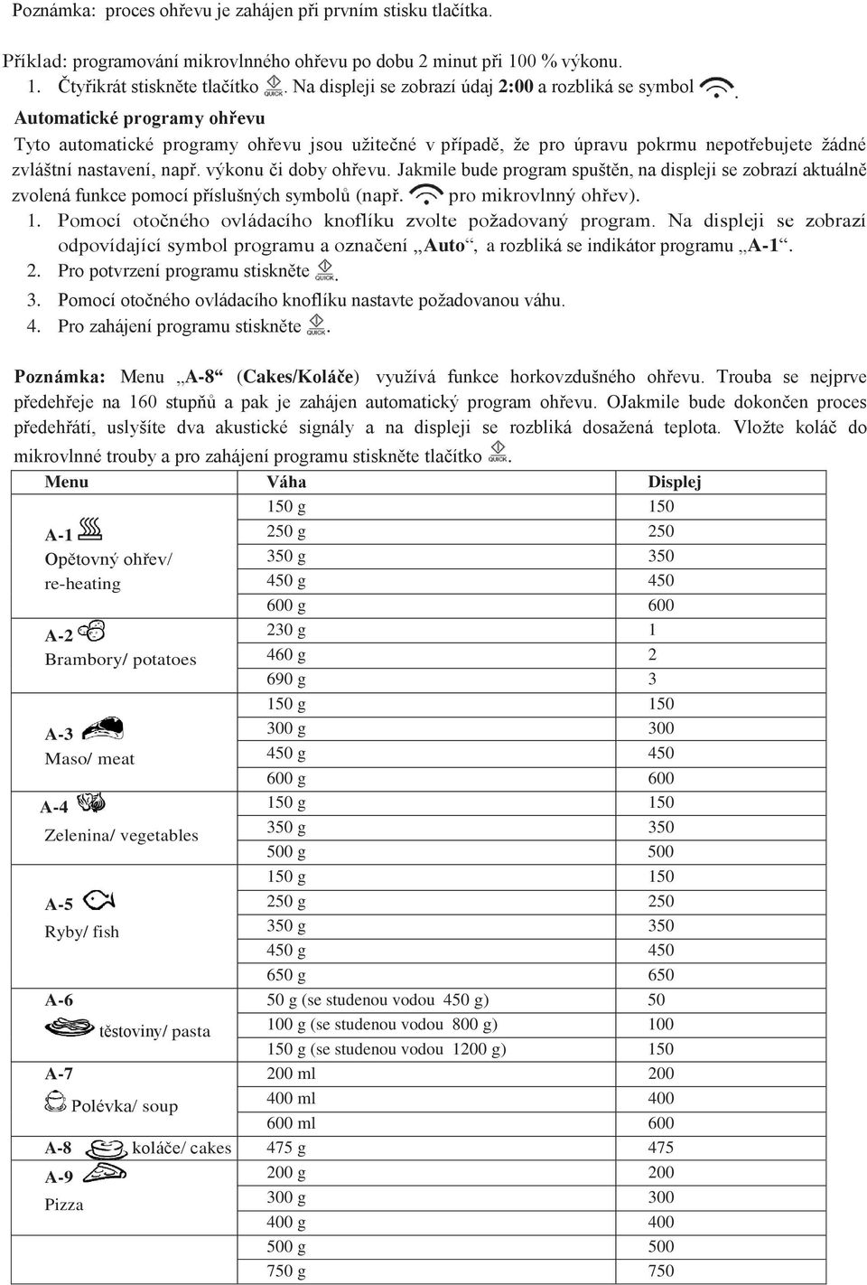 Automatické programy ohřevu Tyto automatické programy ohřevu jsou užitečné v případě, že pro úpravu pokrmu nepotřebujete žádné zvláštní nastavení, např. výkonu či doby ohřevu.