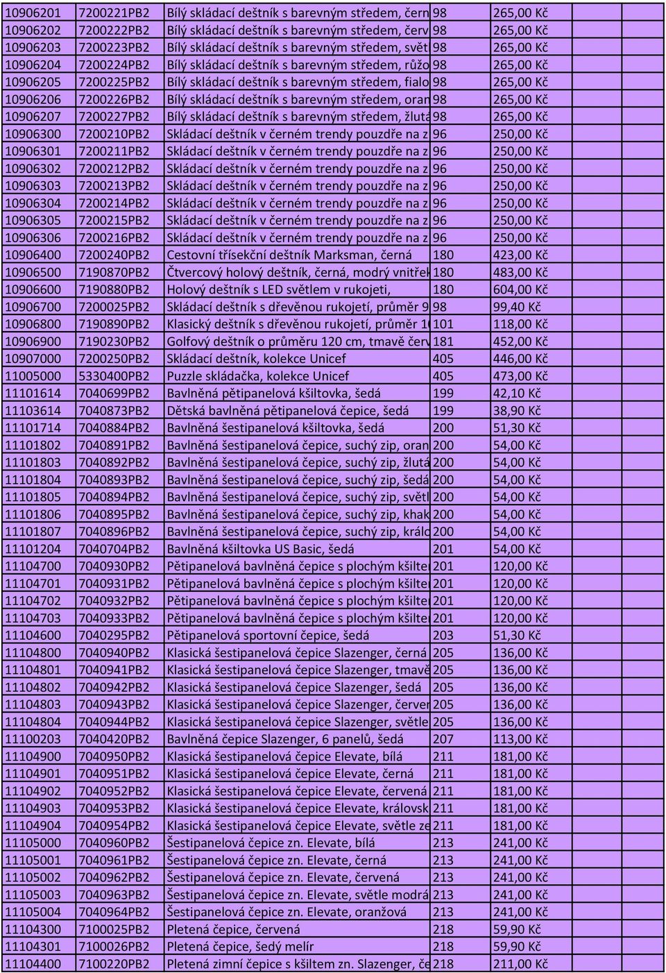 fialová98 265,00 Kč 10906206 7200226PB2 Bílý skládací deštník s barevným středem, oranžová 98 265,00 Kč 10906207 7200227PB2 Bílý skládací deštník s barevným středem, žlutá98 265,00 Kč 10906300