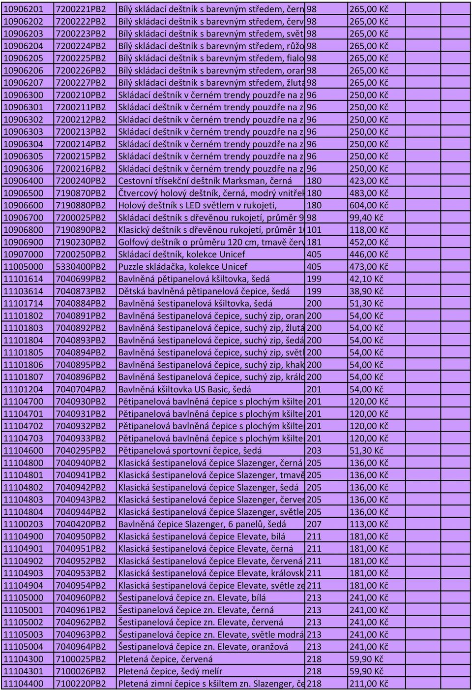 fialová98 265,00 Kč 10906206 7200226PB2 Bílý skládací deštník s barevným středem, oranžová 98 265,00 Kč 10906207 7200227PB2 Bílý skládací deštník s barevným středem, žlutá98 265,00 Kč 10906300