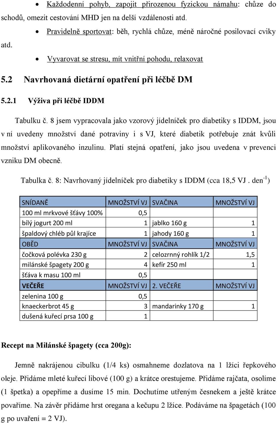 8 jsem vypracovala jako vzorový jídelníček pro diabetiky s IDDM, jsou v ní uvedeny množství dané potraviny i s VJ, které diabetik potřebuje znát kvůli množství aplikovaného inzulinu.