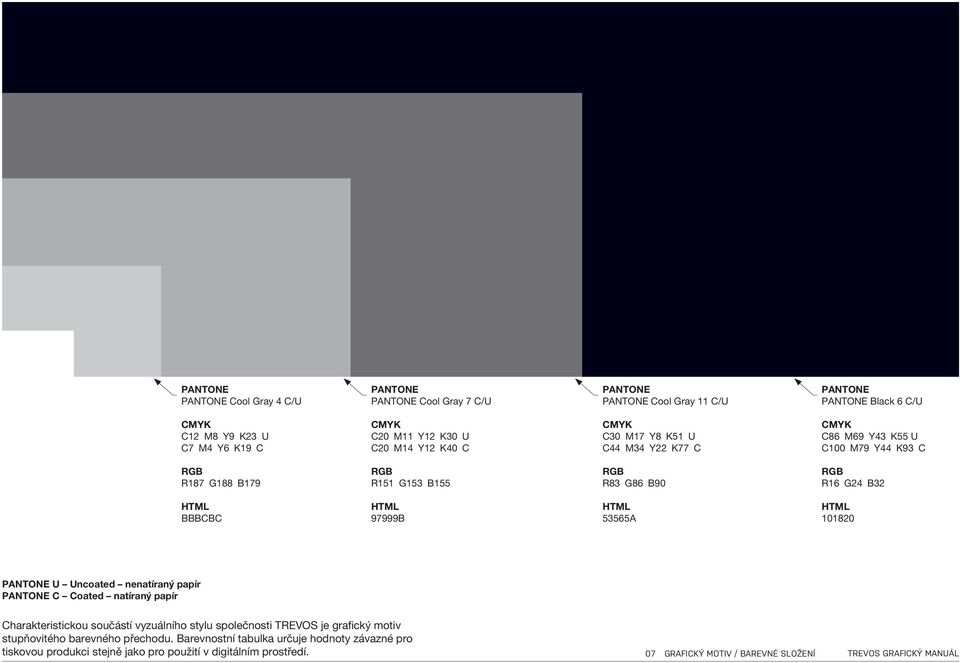 BBBCBC HTML 97999B HTML 53565A HTML 101820 PANTONE U Uncoated nenatíraný papír PANTONE C Coated natíraný papír Charakteristickou součástí vyzuálního stylu společnosti TREVOS je