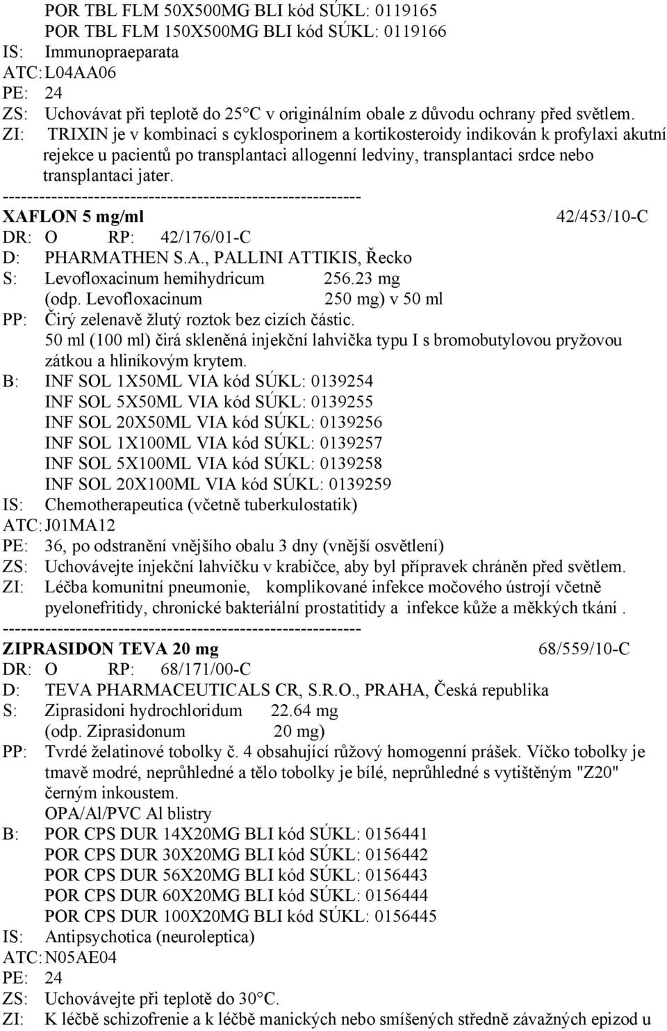 XAFLON 5 mg/ml 42/453/10-C DR: O RP: 42/176/01-C D: PHARMATHEN S.A., PALLINI ATTIKIS, Řecko S: Levofloxacinum hemihydricum 256.23 mg (odp.