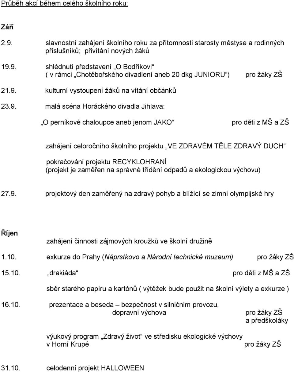 TĚLE ZDRAVÝ DUCH pokračování projektu RECYKLOHRANÍ (projekt je zaměřen na správné třídění odpadů a ekologickou výchovu) 27.9.