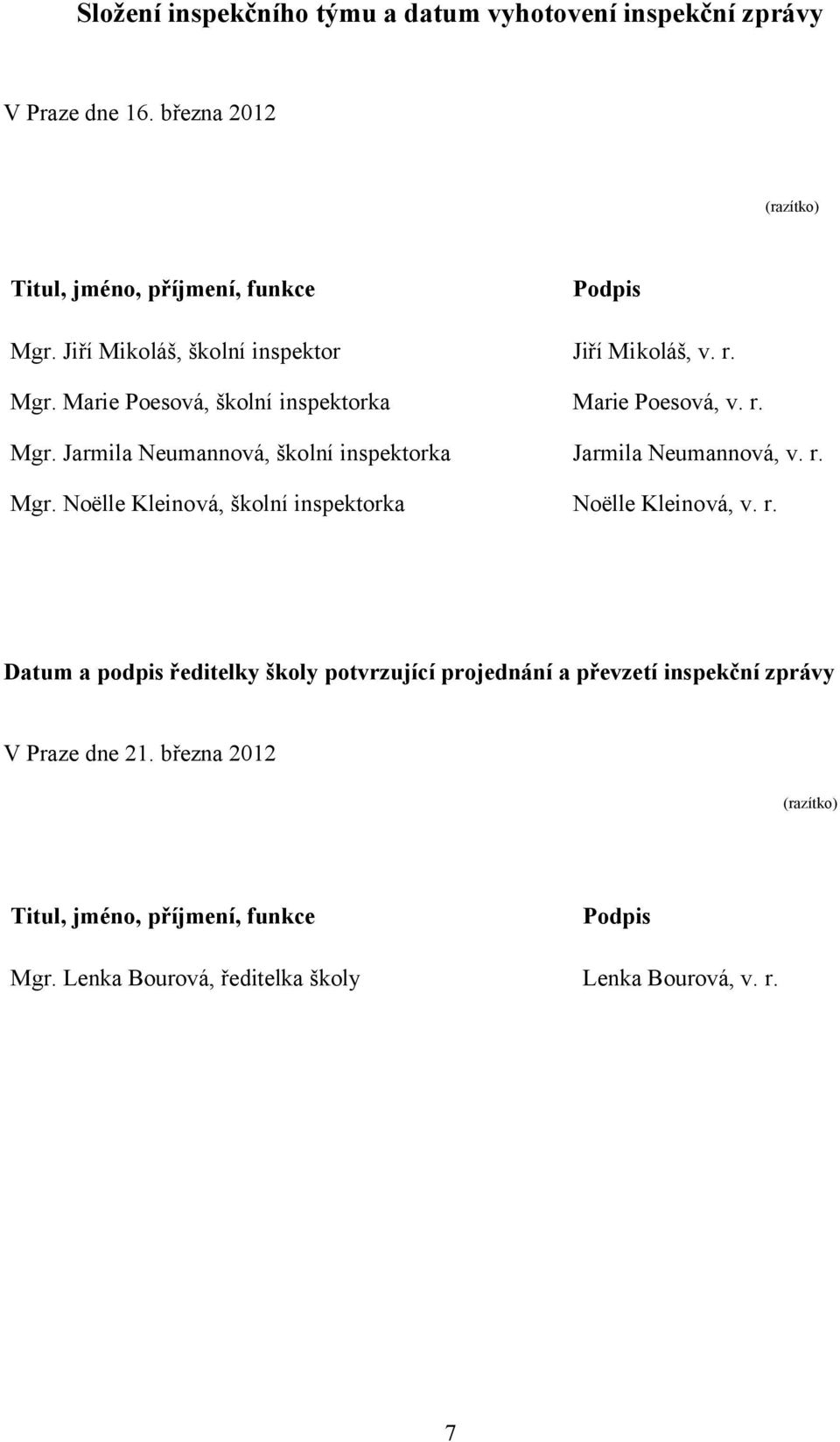 Noëlle Kleinová, školní inspektorka Jarmila Neumannová, v. r.