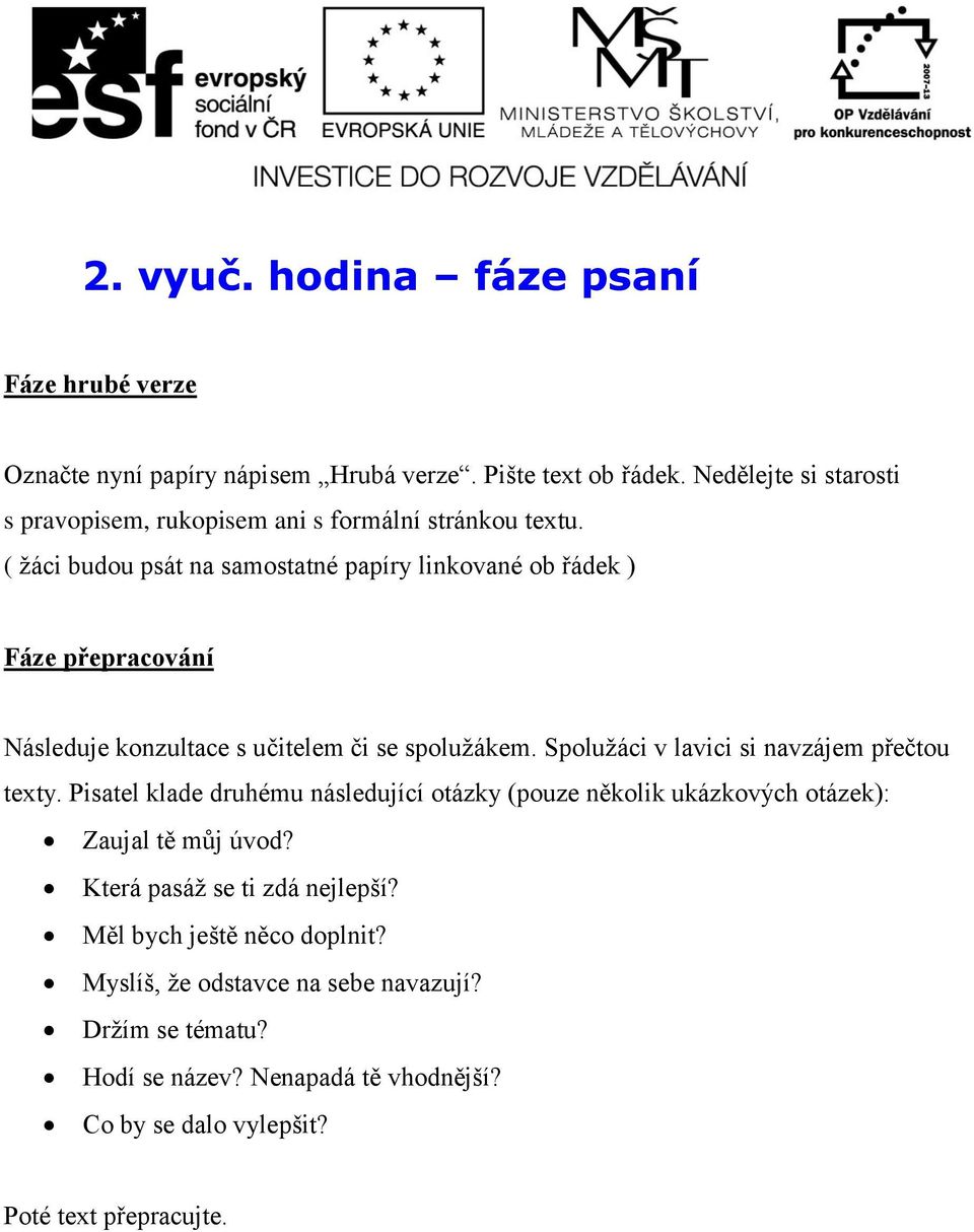 ( žáci budou psát na samostatné papíry linkované ob řádek ) Fáze přepracování Následuje konzultace s učitelem či se spolužákem.