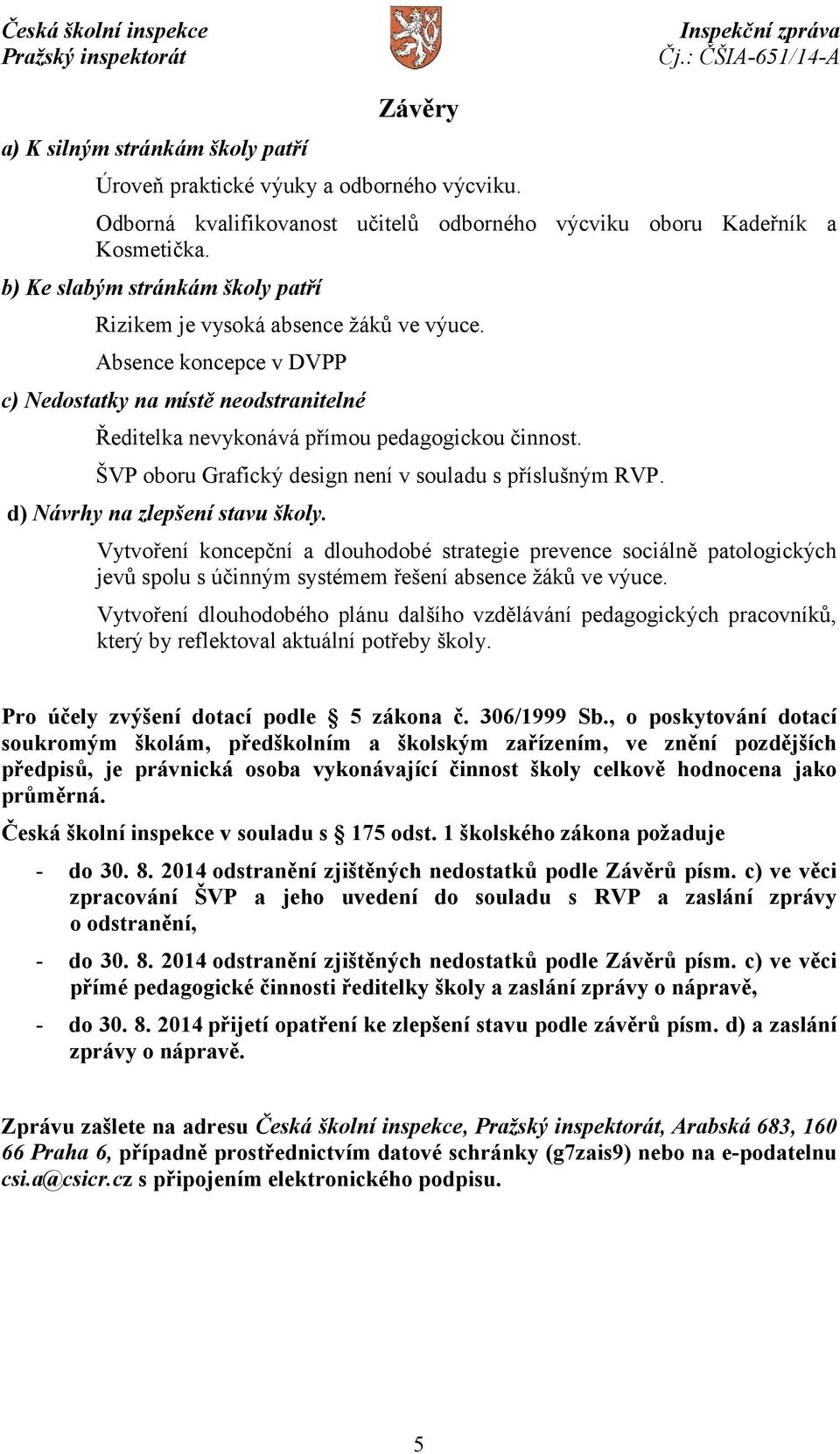 ŠVP oboru Grafický design není v souladu s příslušným RVP. d) Návrhy na zlepšení stavu školy.