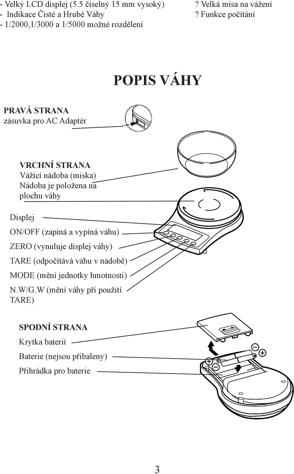 nádoba (miska) Nádoba je položena na plochu váhy Displej ON/OFF (zapíná a vypíná váhu) ZERO (vynuluje displej váhy) TARE