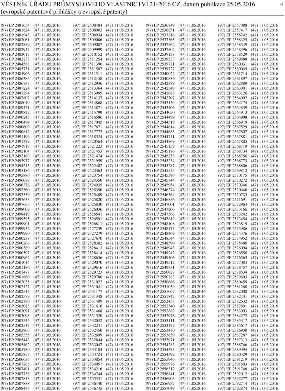 05.2016 (97) EP 2485966 (47) 11.05.2016 (97) EP 2486385 (47) 11.05.2016 (97) EP 2486737 (47) 11.05.2016 (97) EP 2487224 (47) 11.05.2016 (97) EP 2487294 (47) 11.05.2016 (97) EP 2487807 (47) 11.05.2016 (97) EP 2488019 (47) 11.