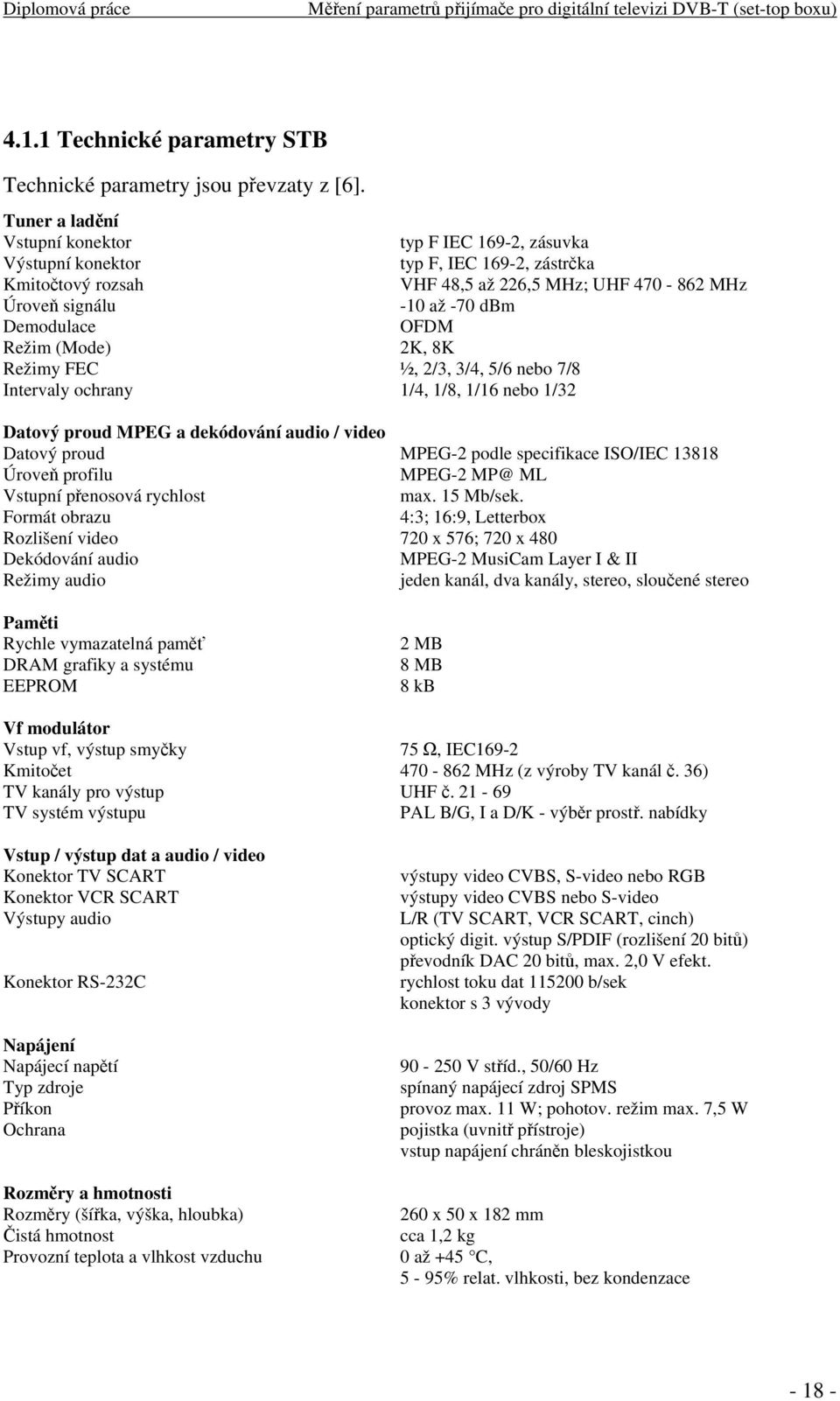 OFDM Režim (Mode) 2K, 8K Režimy FEC ½, 2/3, 3/4, 5/6 nebo 7/8 Intervaly ochrany 1/4, 1/8, 1/16 nebo 1/32 Datový proud MPEG a dekódování audio / video Datový proud MPEG-2 podle specifikace ISO/IEC