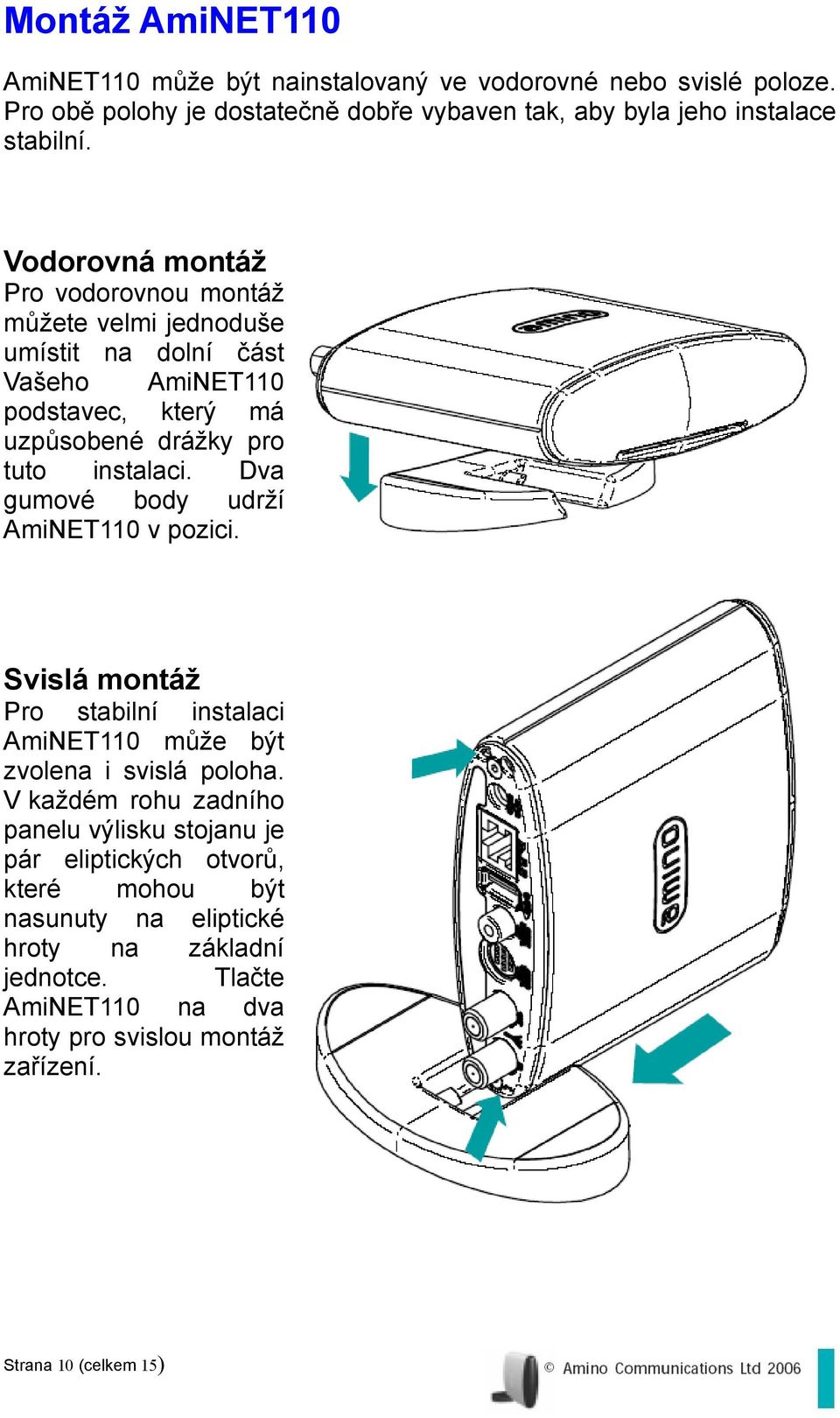 Dva gumové body udrží AmiNET110 v pozici. Svislá montáž Pro stabilní instalaci AmiNET110 může být zvolena i svislá poloha.