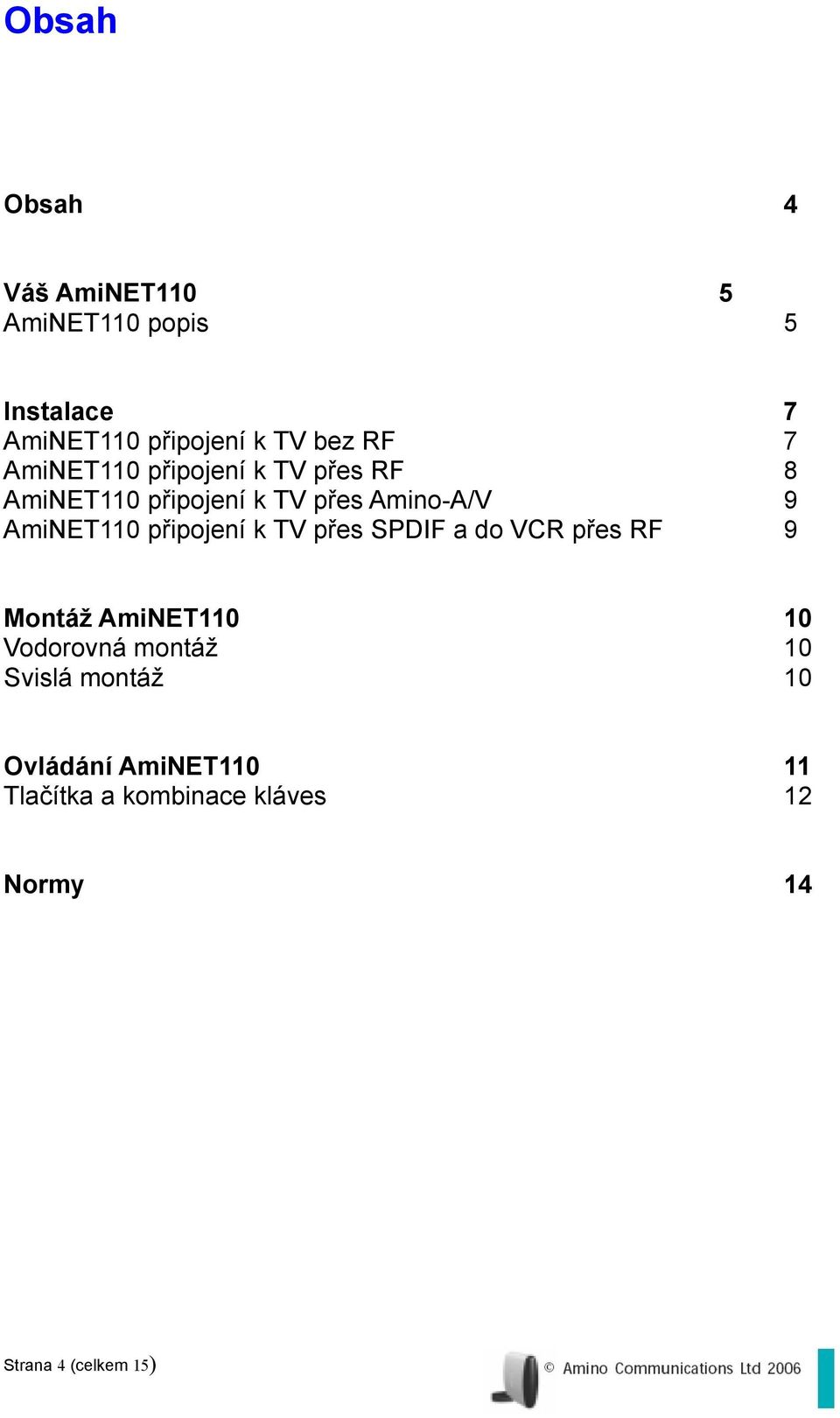 připojení k TV přes SPDIF a do VCR přes RF 9 Montáž AmiNET110 10 Vodorovná montáž 10 Svislá