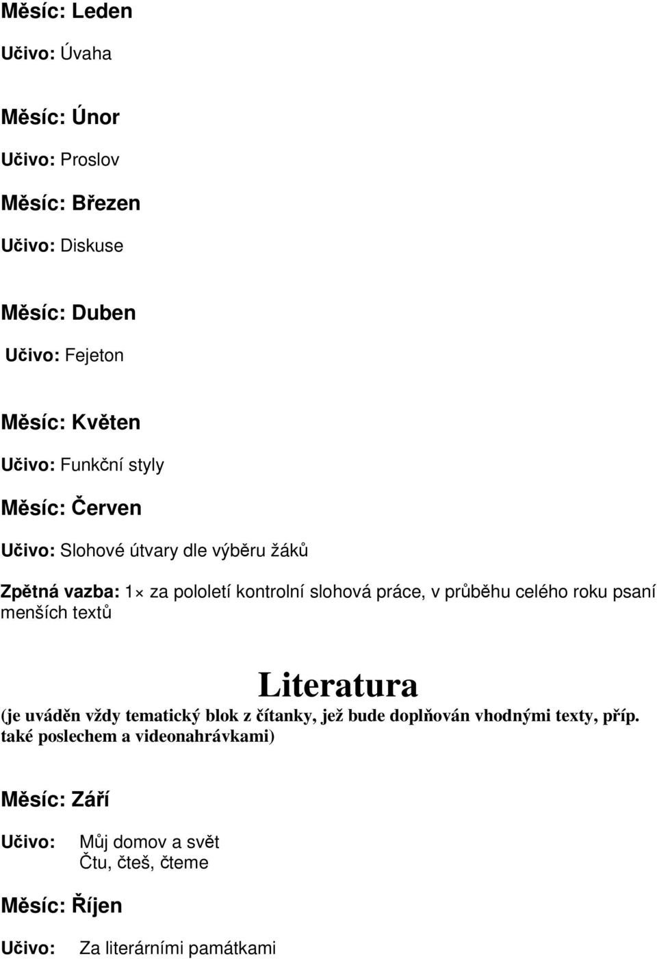 celého roku psaní menších text Literatura (je uvádn vždy tematický blok z ítanky, jež bude doplován