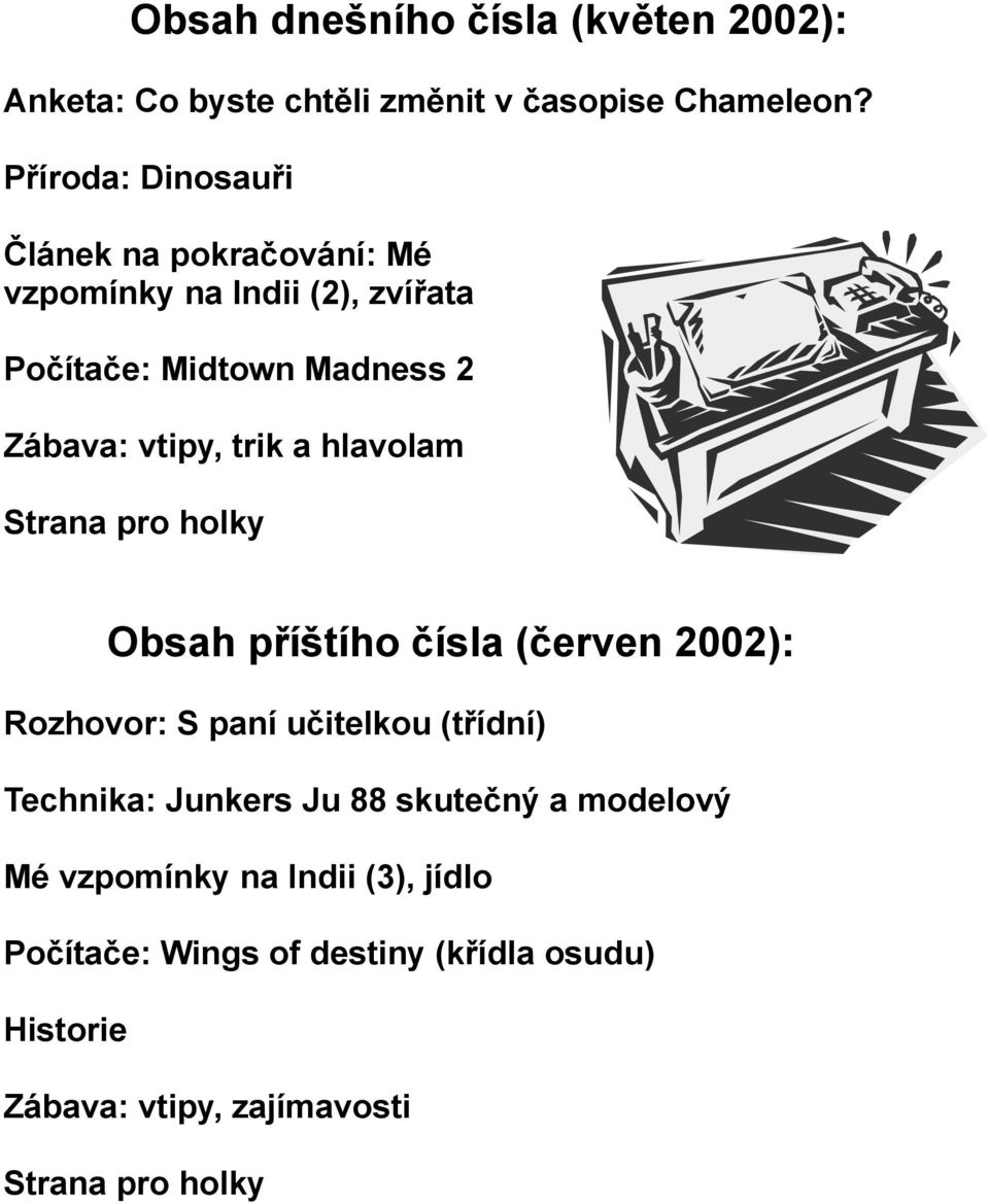 trik a hlavolam Strana pro holky Obsah příštího čísla (červen 2002): Rozhovor: S paní učitelkou (třídní) Technika: