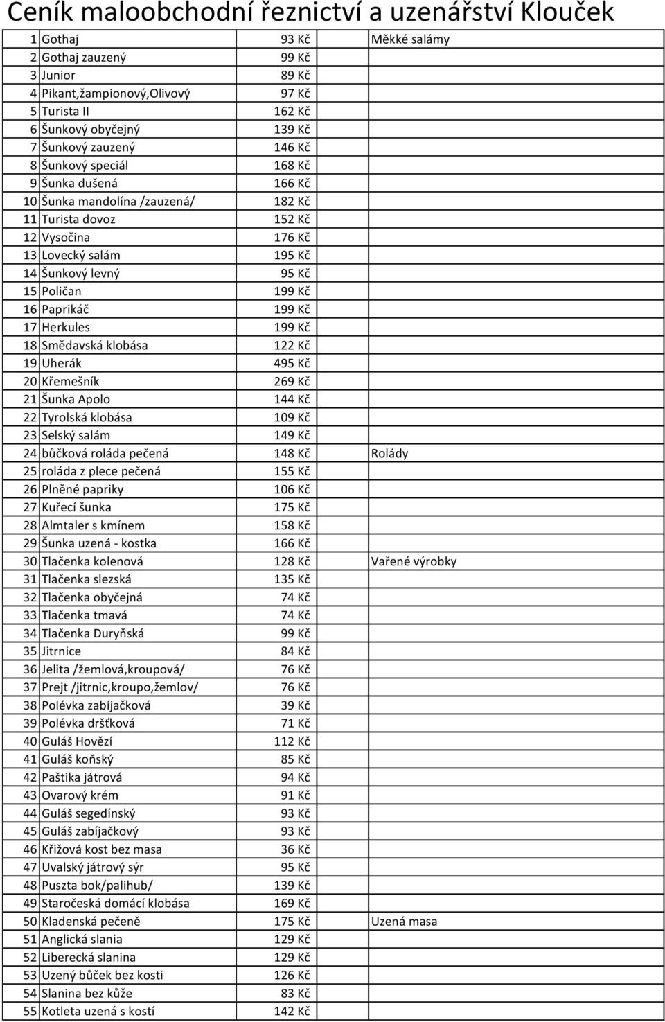 Poličan 199 Kč 16 Paprikáč 199 Kč 17 Herkules 199 Kč 18 Smědavská klobása 122 Kč 19 Uherák 495 Kč 20 Křemešník 269 Kč 21 Šunka Apolo 144 Kč 22 Tyrolská klobása 109 Kč 23 Selský salám 149 Kč 24