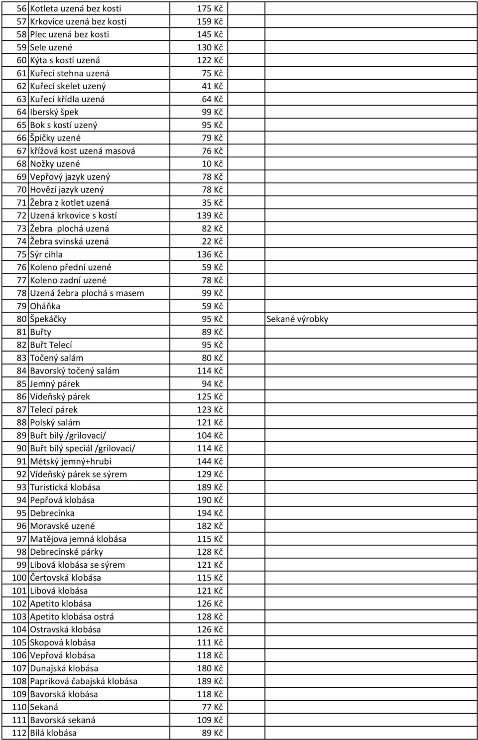 Hovězí jazyk uzený 78 Kč 71 Žebra z kotlet uzená 35 Kč 72 Uzená krkovice s kostí 139 Kč 73 Žebra plochá uzená 82 Kč 74 Žebra svinská uzená 22 Kč 75 Sýr cihla 136 Kč 76 Koleno přední uzené 59 Kč 77