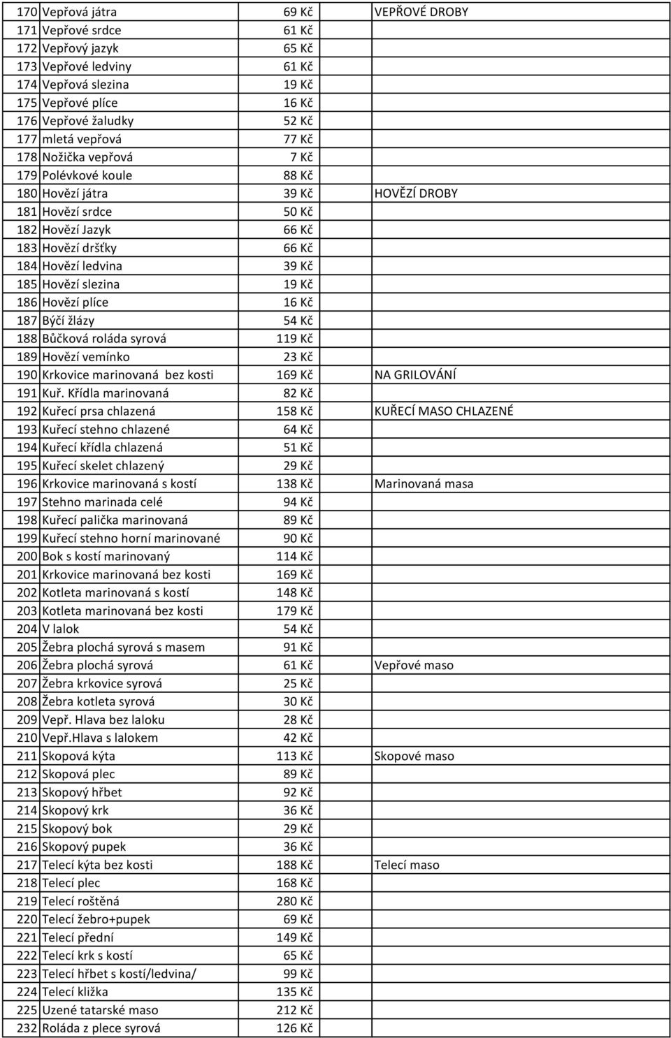 Hovězí slezina 19 Kč 186 Hovězí plíce 16 Kč 187 Býčí žlázy 54 Kč 188 Bůčková roláda syrová 119 Kč 189 Hovězí vemínko 23 Kč 190 Krkovice marinovaná bez kosti 169 Kč NA GRILOVÁNÍ 191 Kuř.