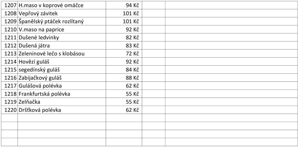 maso na paprice 92 Kč 1211 Dušené ledvinky 82 Kč 1212 Dušená játra 83 Kč 1213 Zeleninové lečo s