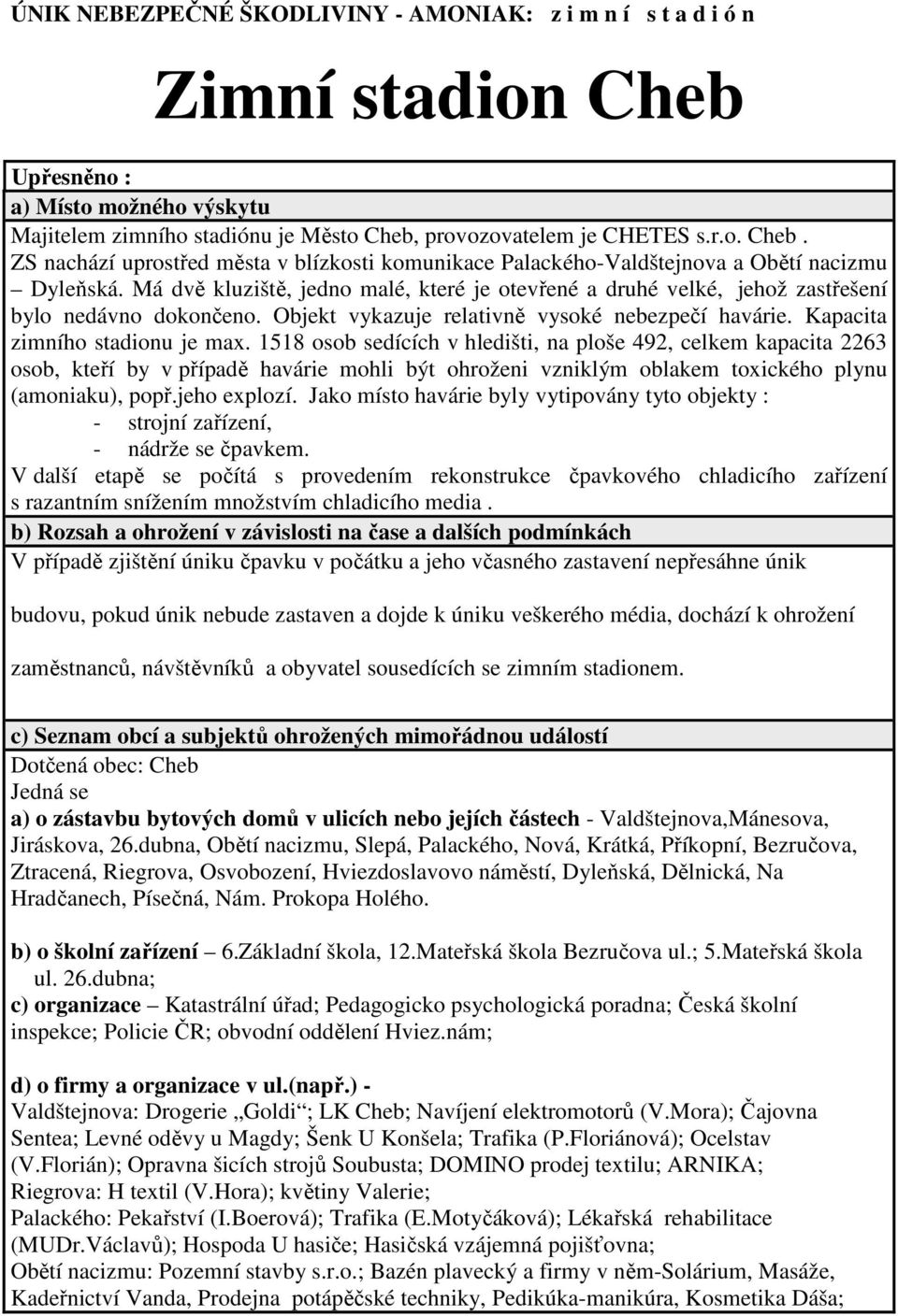 1518 osob sedících v hledišti, na ploše 492, celkem kapacita 2263 osob, kteří by v případě havárie mohli být ohroženi vzniklým oblakem toxického plynu (amoniaku), popř.jeho explozí.