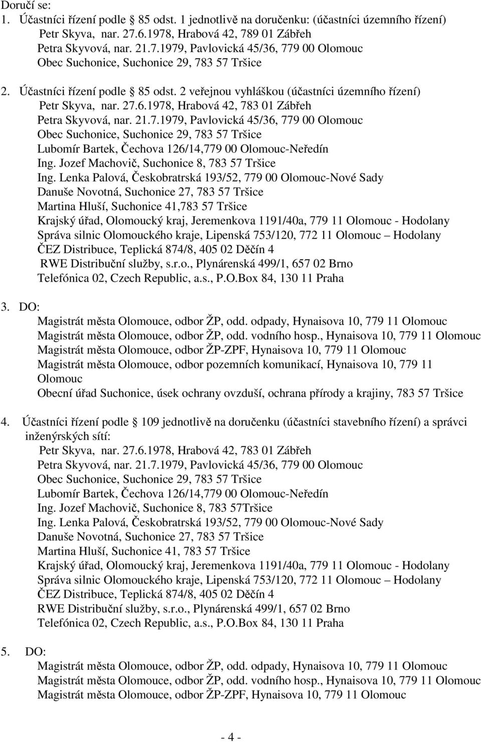 Lenka Palová, eskobratrská 193/52, 779 00 Olomouc-Nové Sady Danuše Novotná, Suchonice 27, 783 57 Tršice Martina Hluší, Suchonice 41,783 57 Tršice Krajský úad, Olomoucký kraj, Jeremenkova 1191/40a,