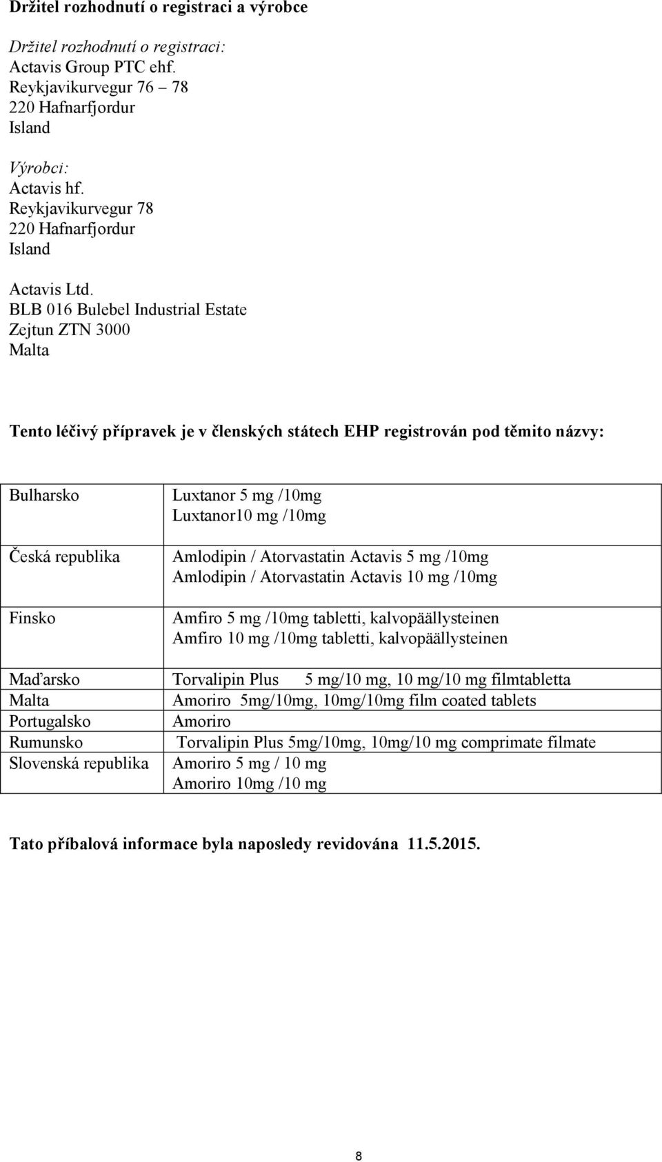 BLB 016 Bulebel Industrial Estate Zejtun ZTN 3000 Malta Tento léčivý přípravek je v členských státech EHP registrován pod těmito názvy: Bulharsko Česká republika Finsko Luxtanor 5 mg /10mg Luxtanor10