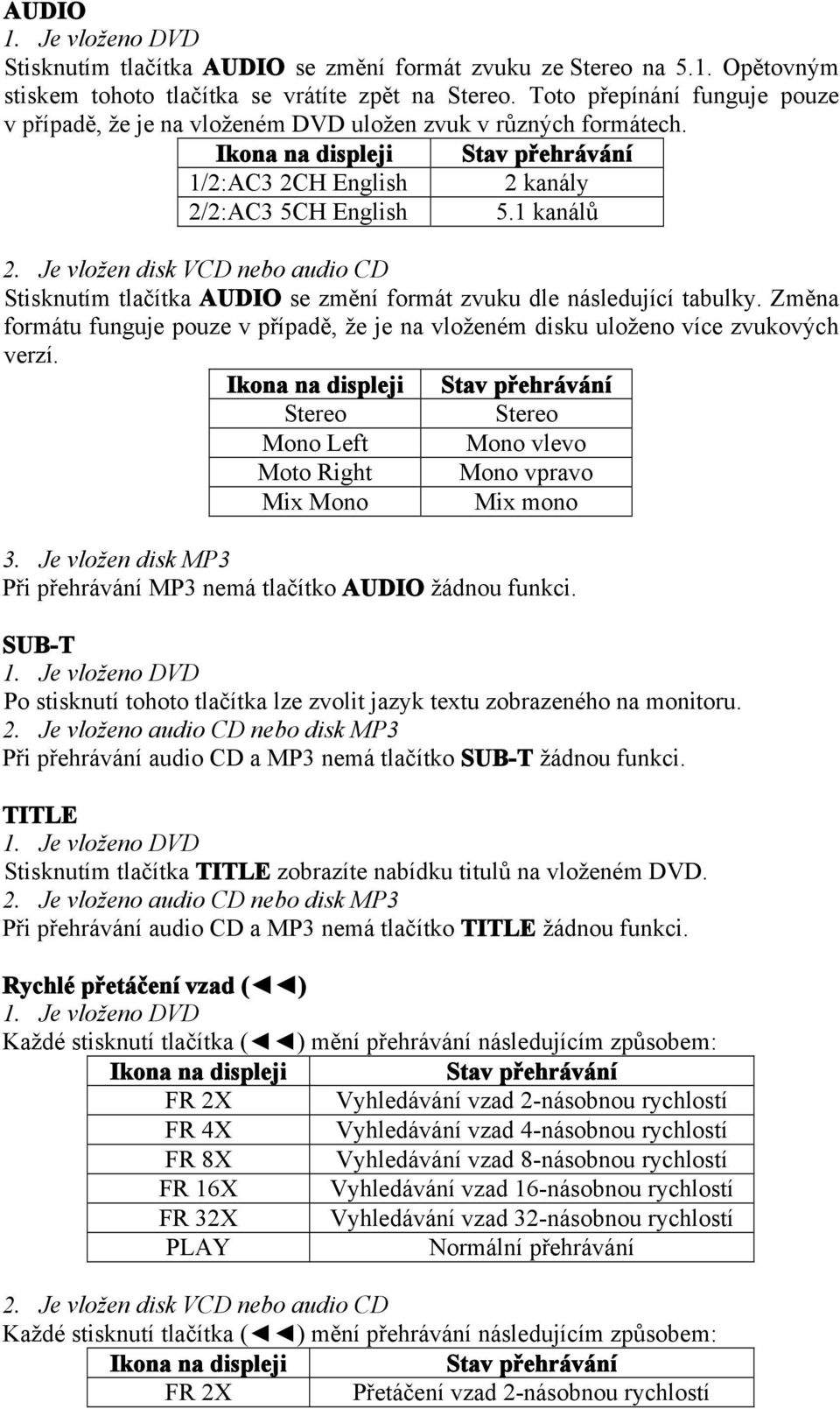 Je vložen disk VCD nebo audio CD Stisknutím tlačítka AUDIO se změní formát zvuku dle následující tabulky. Změna formátu funguje pouze v případě, že je na vloženém disku uloženo více zvukových verzí.