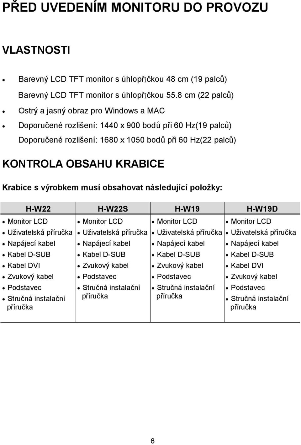 Krabice s výrobkem musí obsahovat následující položky: H-W22 H-W22S H-W19 H-W19D Monitor LCD Monitor LCD Monitor LCD Monitor LCD Uživatelská příručka Uživatelská příručka Uživatelská příručka