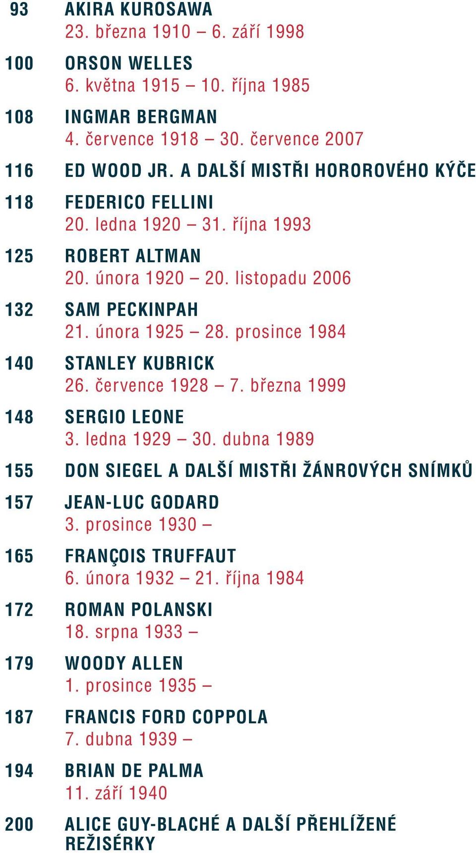 prosince 1984 140 STANLEY KUBRICK 26. července 1928 7. března 1999 148 SERGIO LEONE 3. ledna 1929 30. dubna 1989 155 DON SIEGEL A DALŠÍ MISTŘI ŽÁNROVÝCH SNÍMKŮ 157 JEAN-LUC GODARD 3.