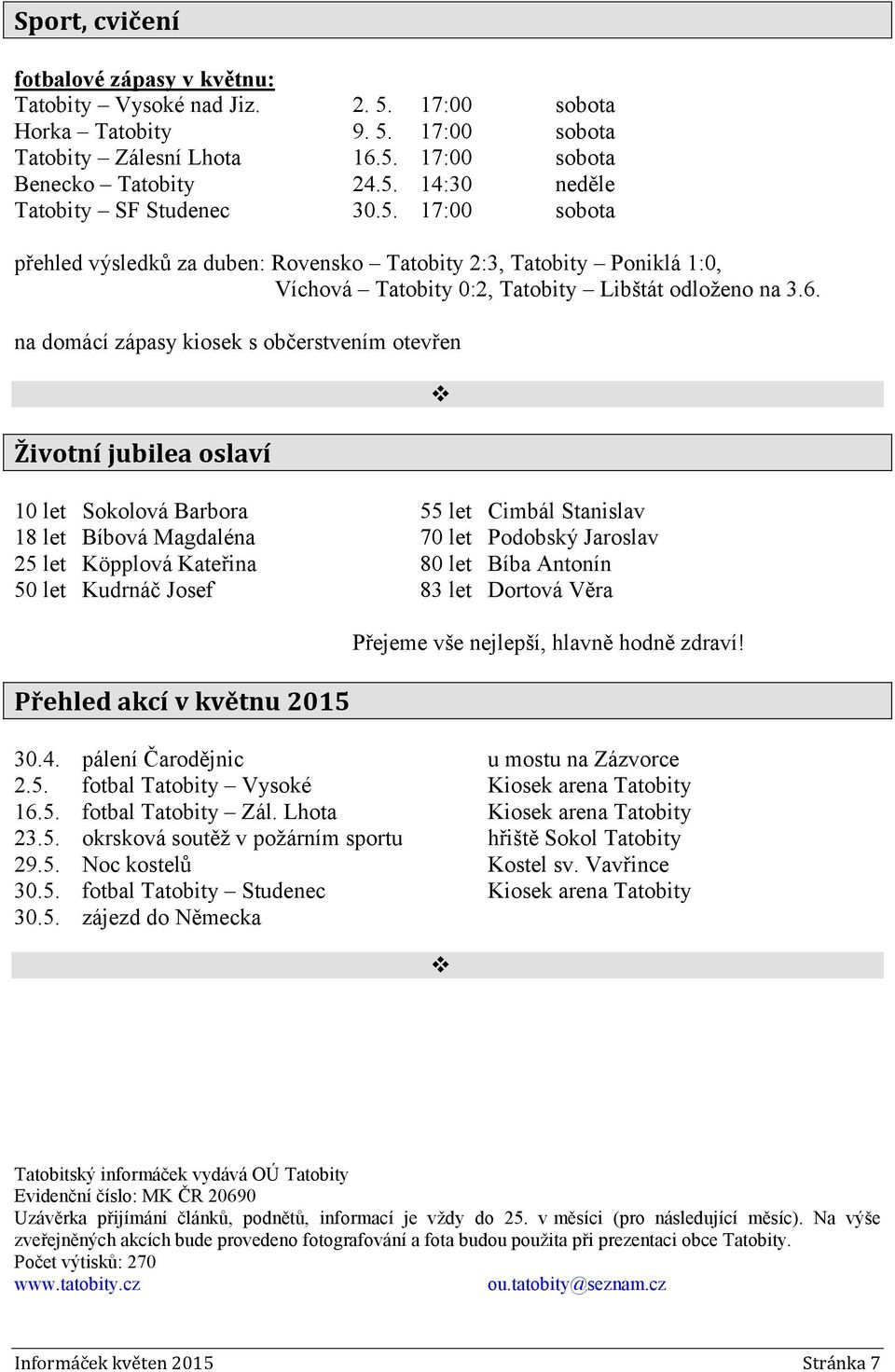 na domácí zápasy kiosek s občerstvením otevřen Životní jubilea oslaví 10 let Sokolová Barbora 55 let Cimbál Stanislav 18 let Bíbová Magdaléna 70 let Podobský Jaroslav 25 let Köpplová Kateřina 80 let