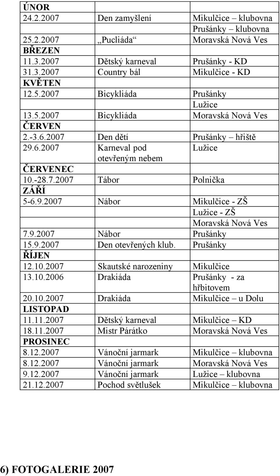 9.2007 Nábor Prušánky 15.9.2007 Den otevřených klub. Prušánky ŘÍJEN 12.10.2007 Skautské narozeniny Mikulčice 13.10.2006 Drakiáda Prušánky - za hřbitovem 20.10.2007 Drakiáda Mikulčice u Dolu LISTOPAD 11.