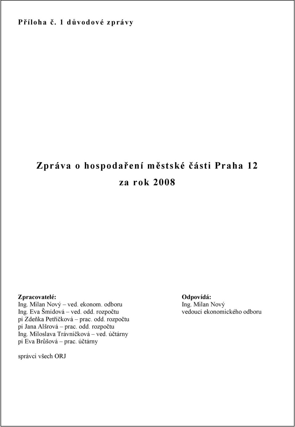 Odpovídá : Ing. Milan Nový ved. ekonom. odboru Ing. Milan Nový Ing. Eva Šmídová ved. odd.