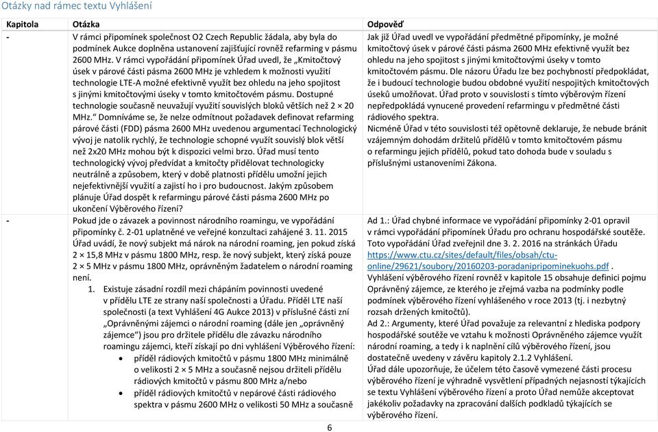 V rámci vypořádání připomínek Úřad uvedl, že Kmitočtový úsek v párové části pásma 2600 MHz je vzhledem k možnosti využití technologie LTE-A možné efektivně využít bez ohledu na jeho spojitost s
