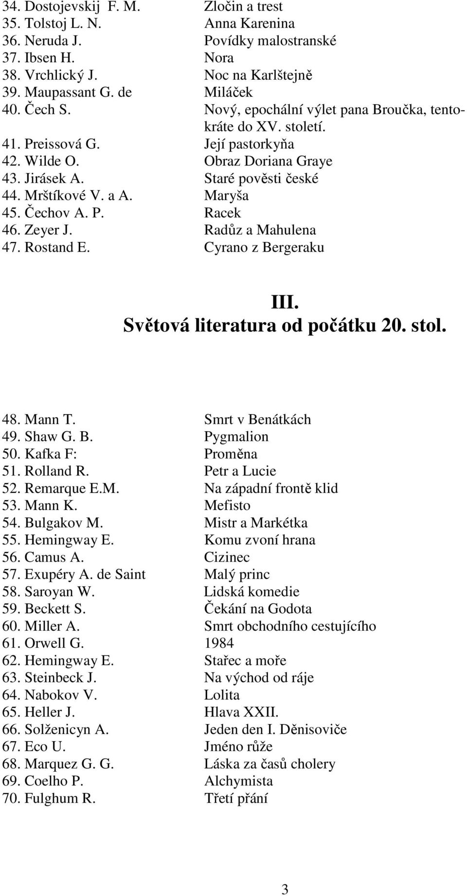 Čechov A. P. Racek 46. Zeyer J. Radůz a Mahulena 47. Rostand E. Cyrano z Bergeraku III. Světová literatura od počátku 20. stol. 48. Mann T. Smrt v Benátkách 49. Shaw G. B. Pygmalion 50.