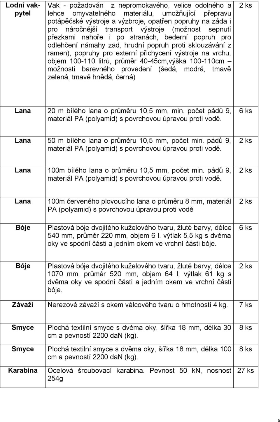 100-110 litrů, průměr 40-45cm,výška 100-110cm možnosti barevného provedení (šedá, modrá, tmavě zelená, tmavě hnědá, černá) Lana 20 m bílého lana o průměru 10,5 mm, min.