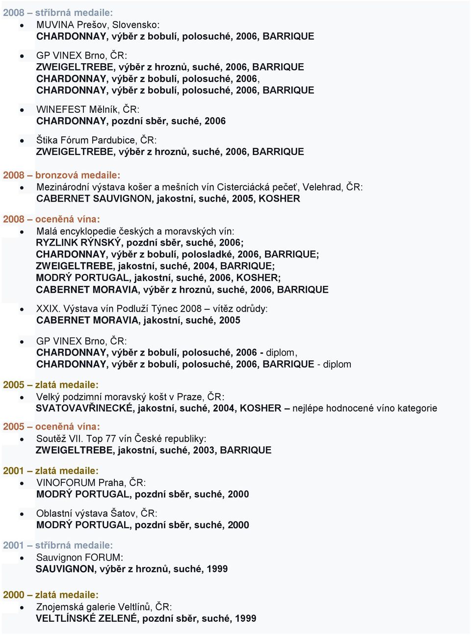 suché, 2006, BARRIQUE 2008 bronzová medaile: Mezinárodní výstava košer a mešních vín Cisterciácká pečeť, Velehrad, ČR: CABERNET SAUVIGNON, jakostní, suché, 2005, KOSHER 2008 oceněná vína: Malá
