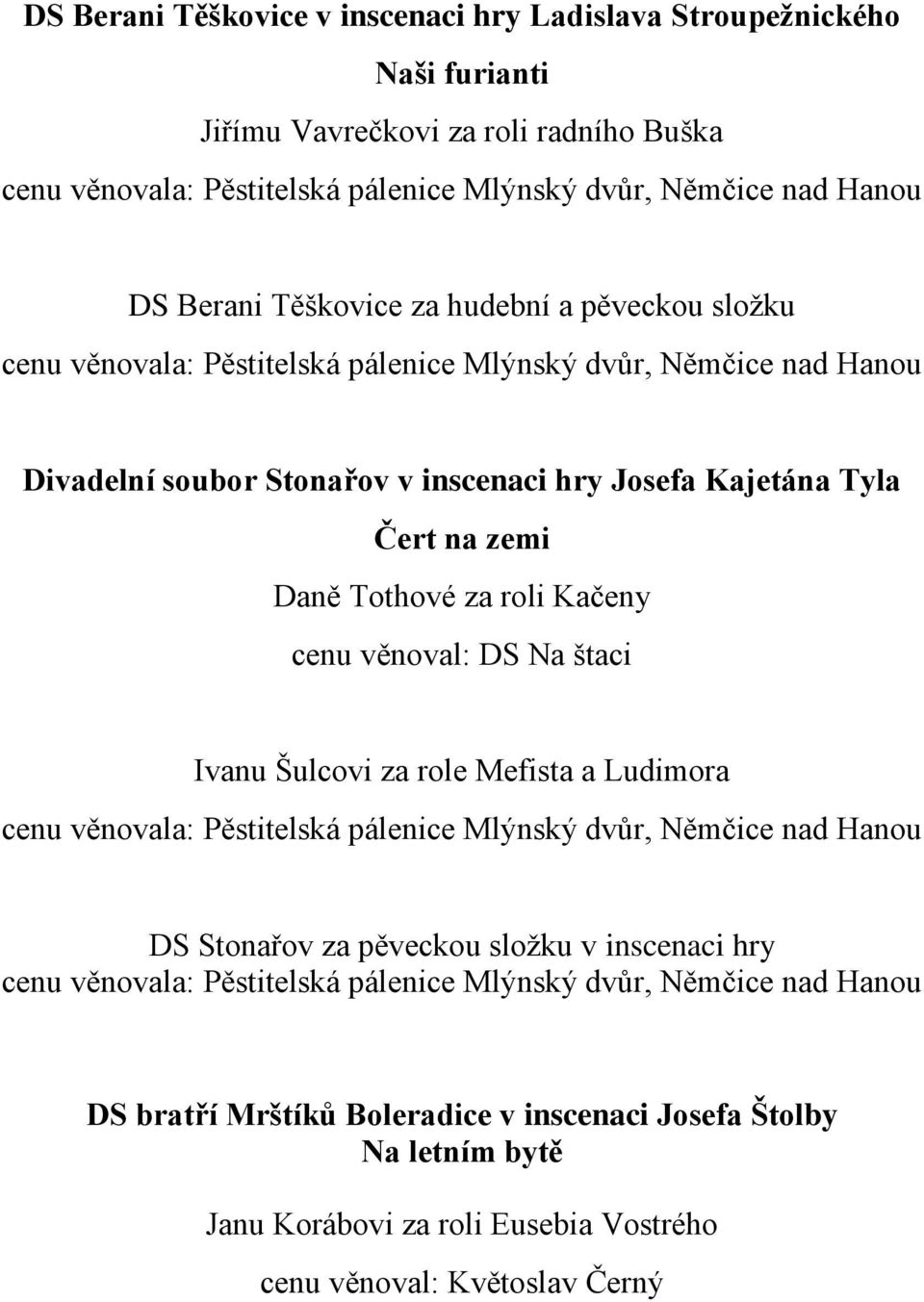 roli Kačeny cenu věnoval: DS Na štaci Ivanu Šulcovi za role Mefista a Ludimora cenu věnovala: Pěstitelská pálenice Mlýnský dvůr, Němčice nad Hanou DS Stonařov za pěveckou složku v inscenaci hry cenu
