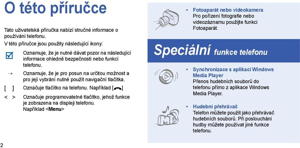 Oznamuje, že je pro posun na určitou možnost a pro její vybrání nutné použít navigační tlačítka. [ ] Označuje tlačítko na telefonu.